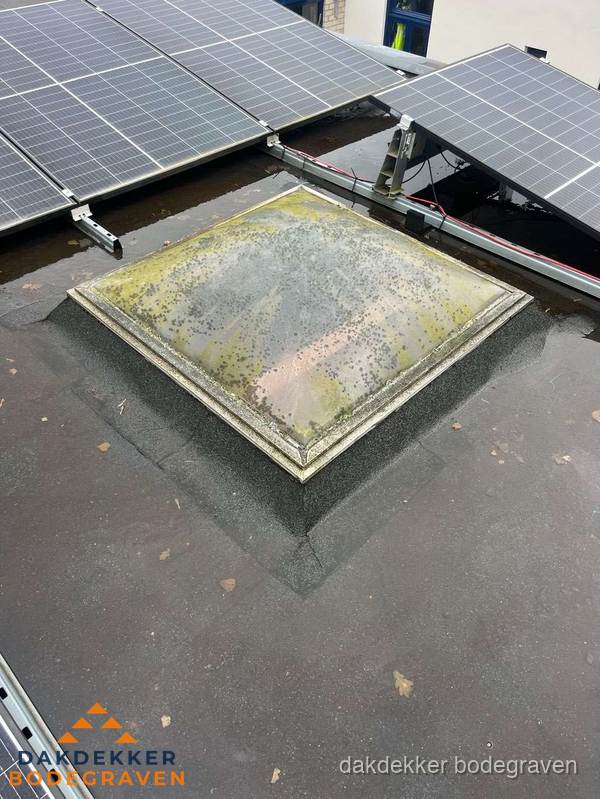 Vervuilde lichtkoepel op plat dak met zonnepanelen in Bodegraven Vervuilde lichtkoepel op plat dak met zonnepanelen in Bodegraven