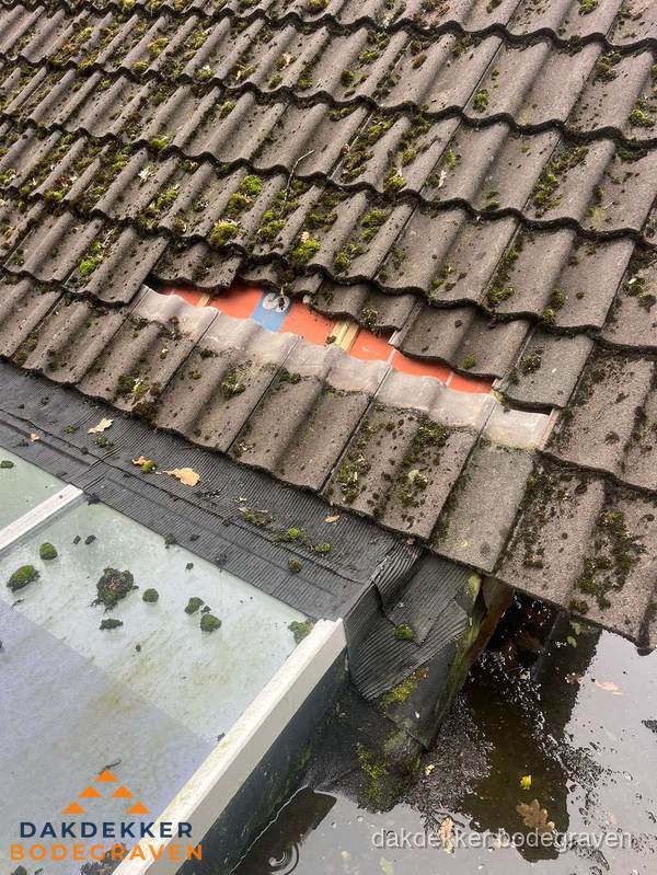 Beschadigd pannendak met ontbrekende dakpannen voor reparatie in Bodegraven Beschadigd pannendak met ontbrekende dakpannen voor reparatie in Bodegraven